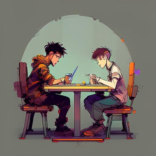Two young adults sitting at a table working