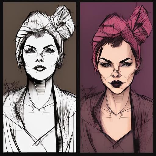 A woman drawn first in black and white as a sketch and then in color. 